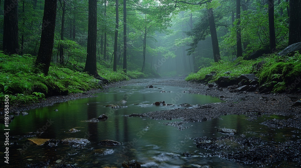 Obraz premium Serene forest stream in lush green woods during misty morning