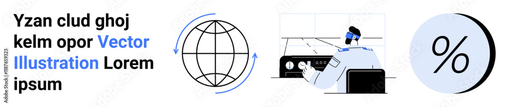 Text elements, globe with arrows, businessman at desk, percentage symbol. Ideal for global business, marketing, finance, education, technology, data analysis, corporate presentations Landing page Text elements, globe with arrows, businessman at desk, percentage symbol. Ideal for global business, marketing, finance, education, technology, data analysis, corporate presentations Landing page