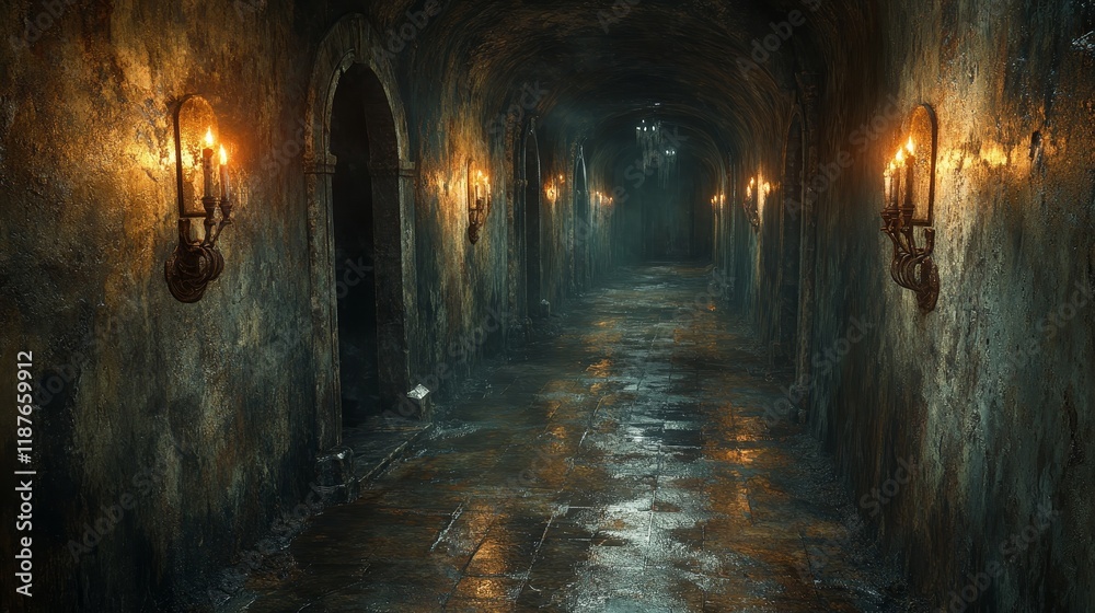 Dimly lit medieval stone corridor with sconces and arched doorways