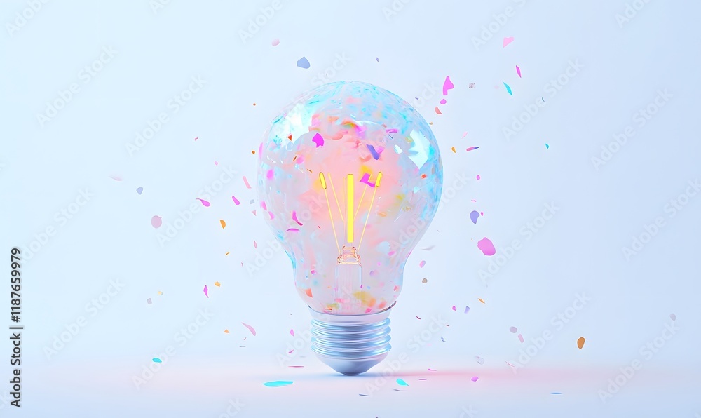 Illuminated lightbulb filled with confetti. Illuminated lightbulb filled with confetti.