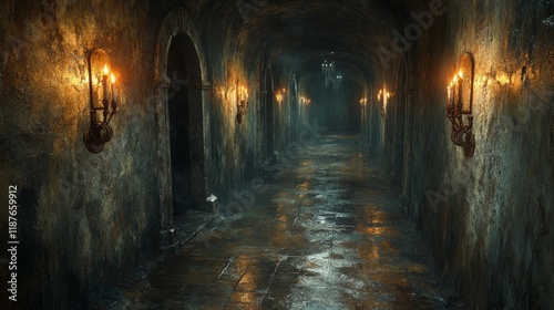 Dimly lit medieval stone corridor with sconces and arched doorways photo