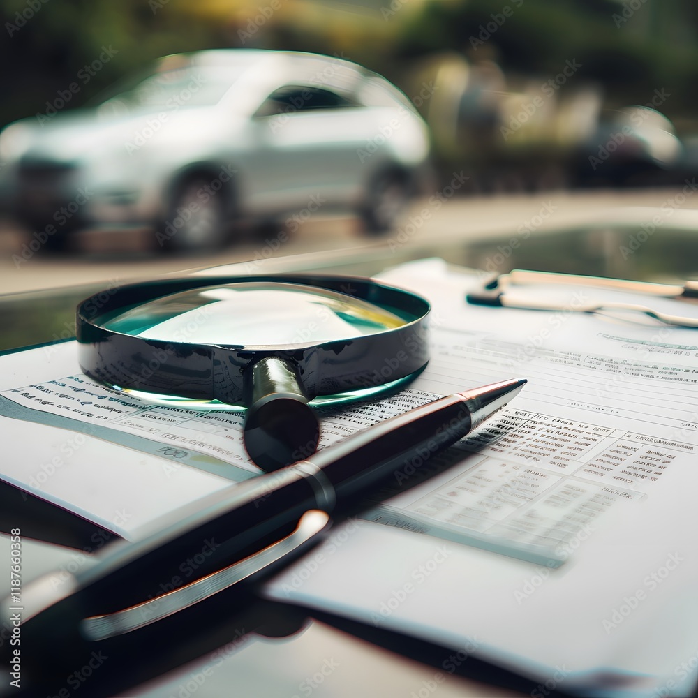 Fototapeta premium Magnifying Glass, Pen, and Documents Near Blurred Vehicle