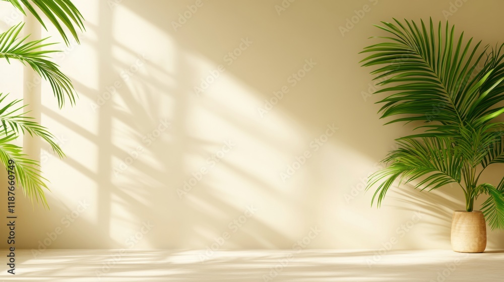 Fototapeta premium Green plant in a decorative pot placed on a wooden table in a bright indoor setting