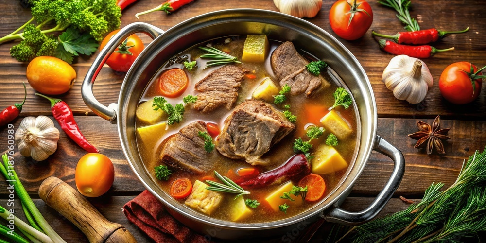 Paleo Bone Broth Beef Soup, Keto Diet Aerial Shot Paleo Bone Broth Beef Soup, Keto Diet Aerial Shot
