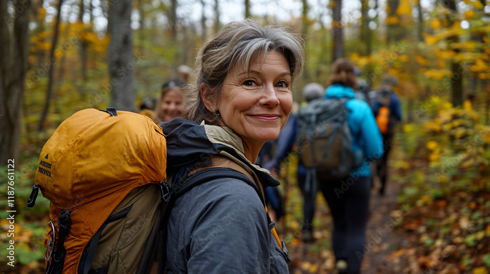Portrait active middle-aged woman fifties hiking group scenic autumn landscape vitality joy healthy lifestyle amidst colorful foliage natural beauty habits peaceful robust wellness forest, golden path Portrait active middle-aged woman fifties hiking group scenic autumn landscape vitality joy healthy lifestyle amidst colorful foliage natural beauty habits peaceful robust wellness forest, golden path