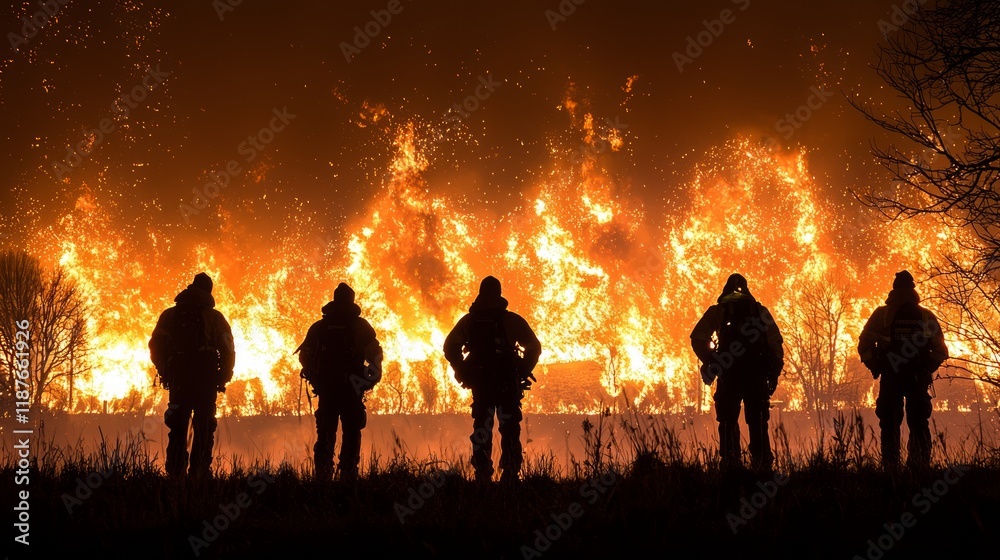 Fototapeta premium Firefighters battling wildfire at night