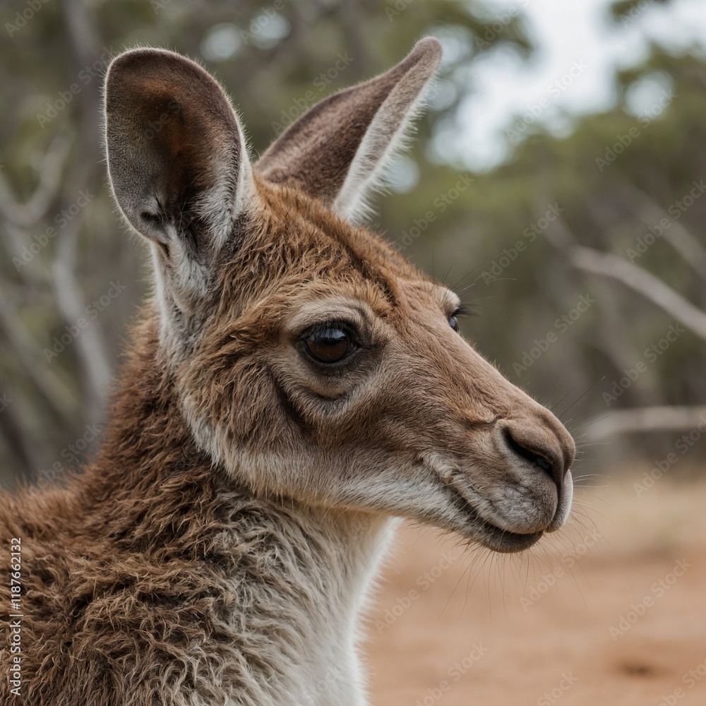 Fototapeta premium A kangaroo turning its head sideways in curiosity, with a white background.