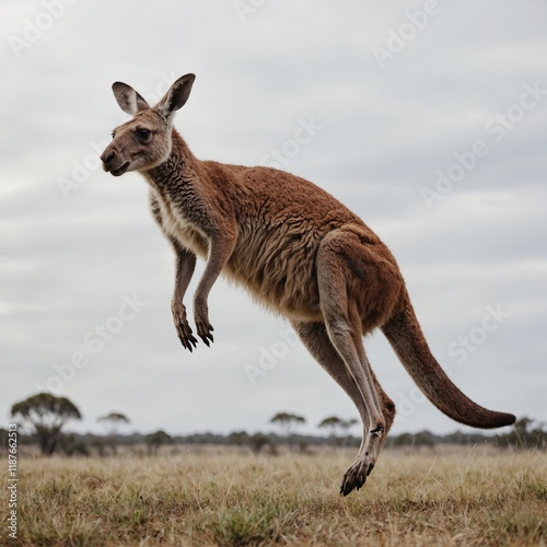 A kangaroo leaping forward with its ears perked up, against a white backdrop.