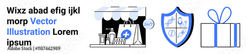 Shopfront with medical items, shield with healthcare symbols, and wrapped gift. Ideal for e-commerce, healthcare services, online security, customer support, holiday promotions, gift services
