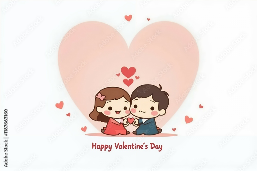 A chibi-style couple illustration with soft blush tones, rounded features, and small red heart accents A chibi-style couple illustration with soft blush tones, rounded features, and small red heart accents