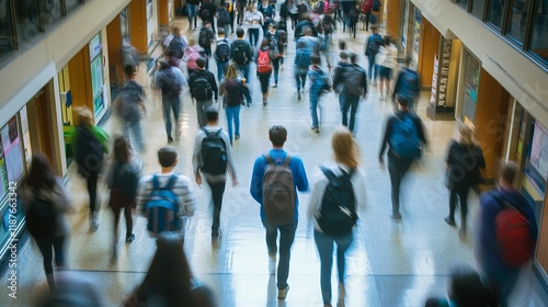 High school students walking up stairs between classes in busy school building photo