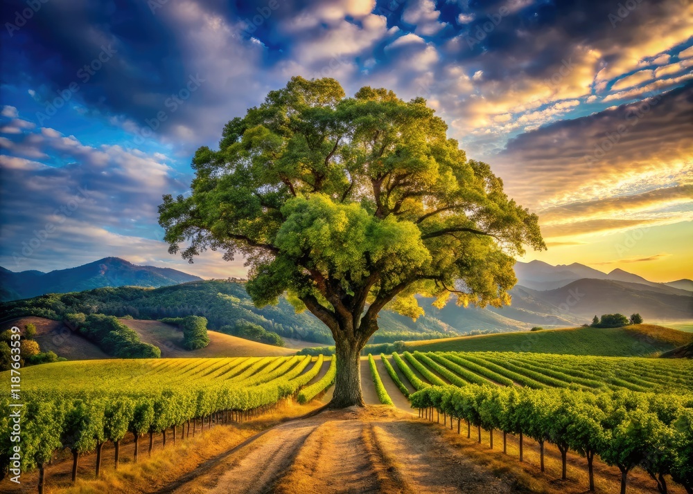 Obraz premium Panoramic Vineyard Oak Tree Hills AI Photo