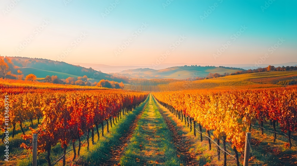 Fototapeta premium Vibrant Autumn Vineyard Landscape - Scenic Winery Photography