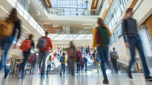 High school students walking up stairs between classes in busy school building photo