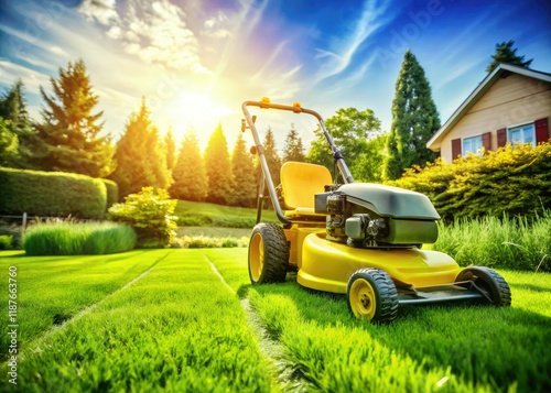 Panoramic Yellow Lawn Mower in Lush Green Grass