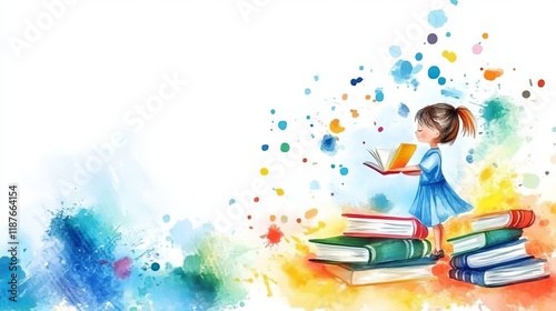 Colorful watercolor school banner featuring books and happy children in a creative learning setting