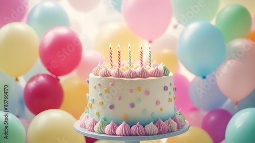Colorful birthday party balloons and cake with candles on celebration table photo