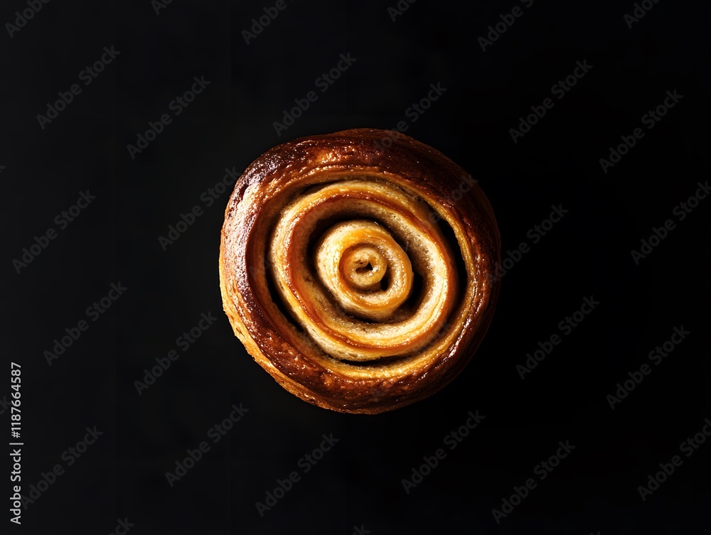 Overhead View of a Single Cinnamon Roll on Black Background Overhead View of a Single Cinnamon Roll on Black Background