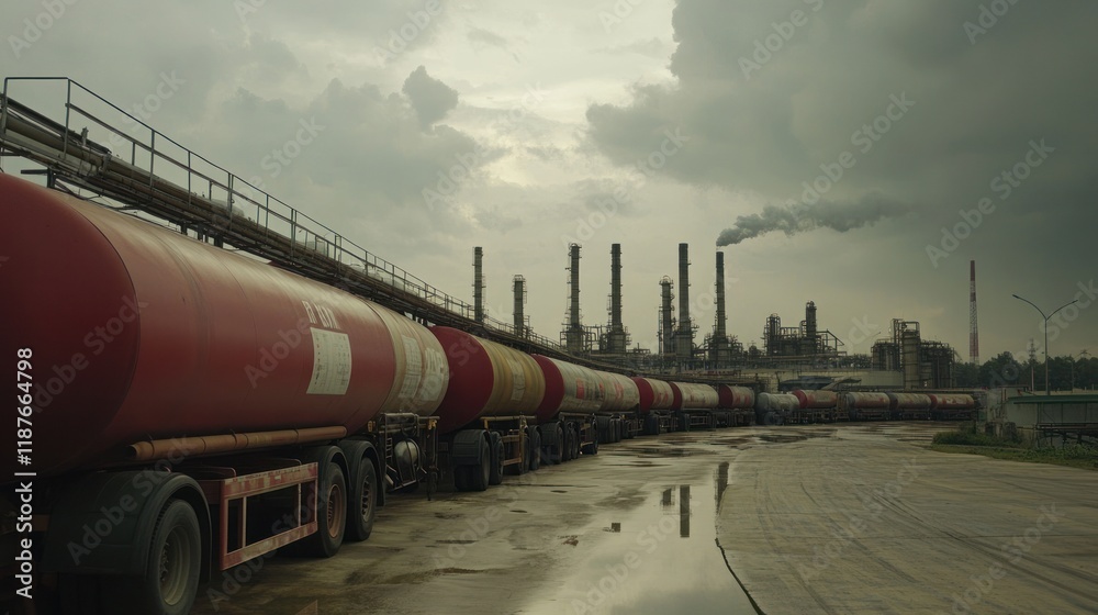 Massive tanker trucks lined up at an oil depot under a cloudy sky, Massive tanker trucks lined up at an oil depot under a cloudy sky,