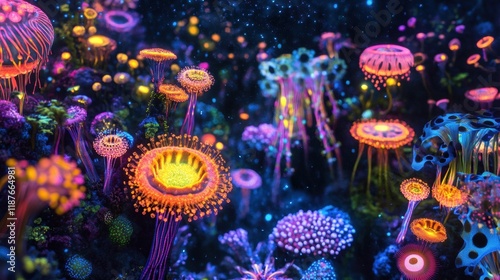 Vibrant microscopic landscape revealing glowing viruses thriving in diverse colors and shapes. Generative AI