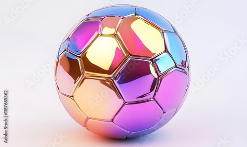 Iridescent soccer ball with hexagonal panels on white background.