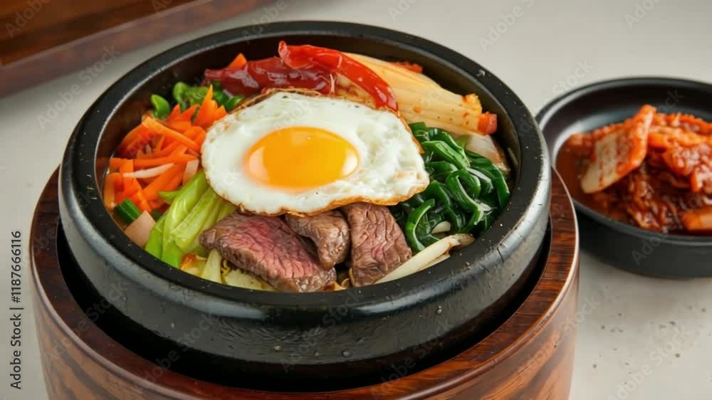 Delicious Bibimbap with Vegetables, Beef, and Egg in a Heated Stone Bowl