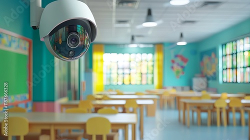 Modern cctv security camera monitoring a bright kindergarten classroom for child safety photo