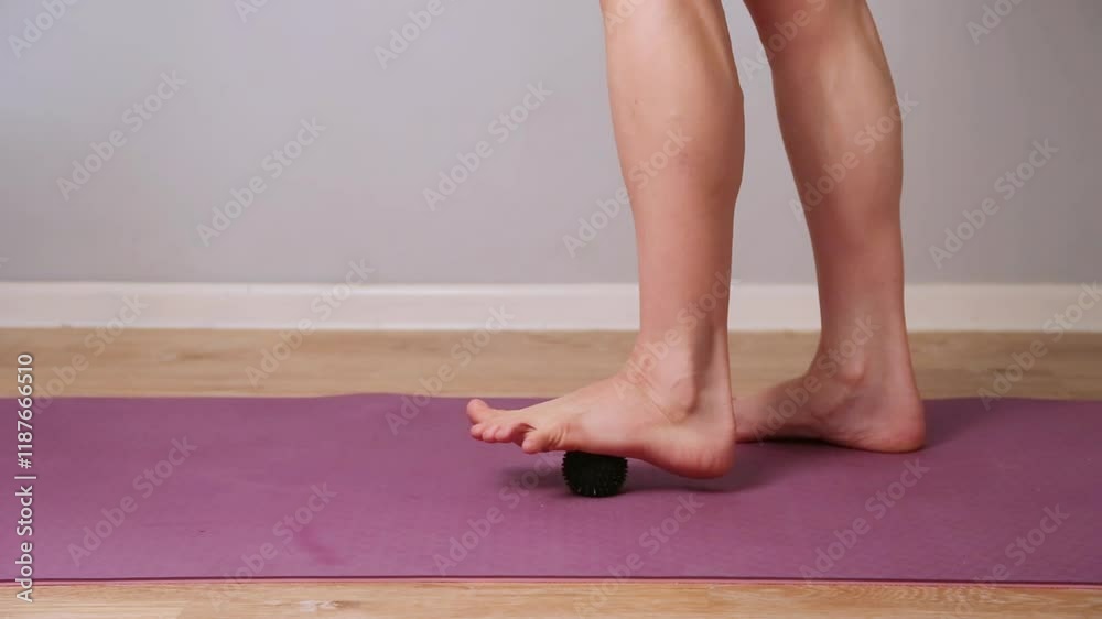 Strong female feet are doing foot exercises by rolling a massage black ball under the foot on the yoga mat, pressing down hard indoors home interior. Training to correct and relax the foot, posture. 