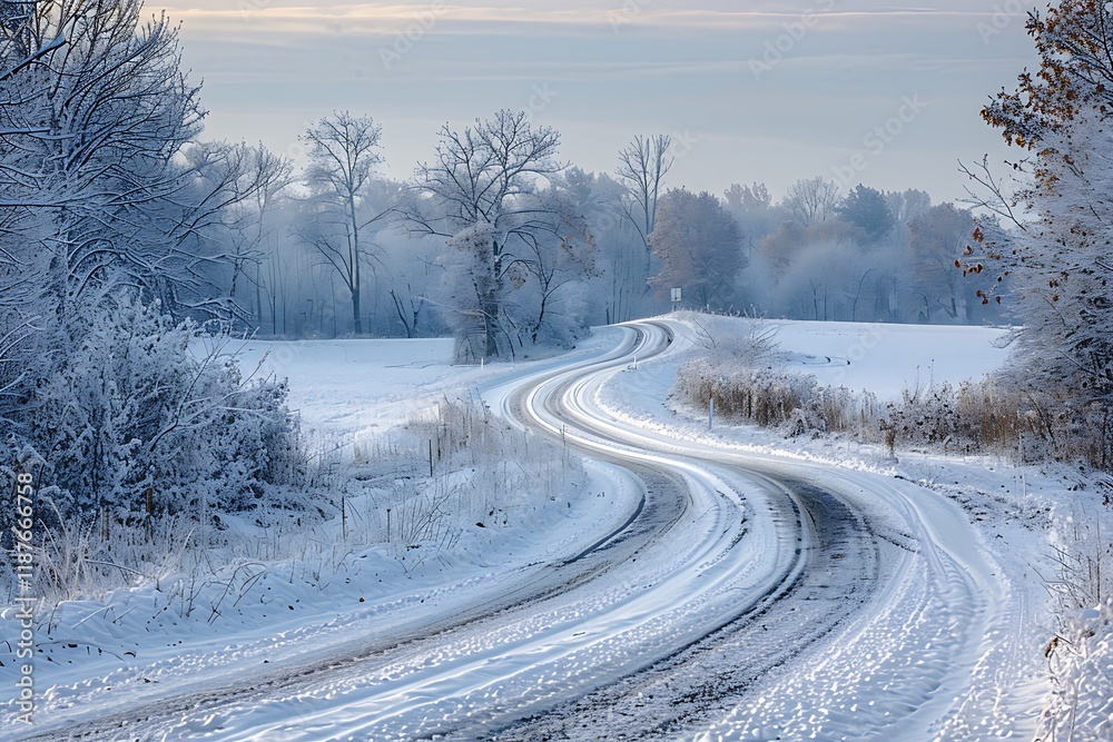 Fototapeta premium Winding snow-covered road through winter landscape.