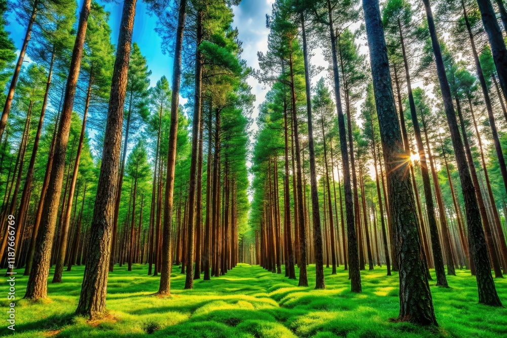 Obraz premium Pine Forest Vivid Green Needles AI Photo