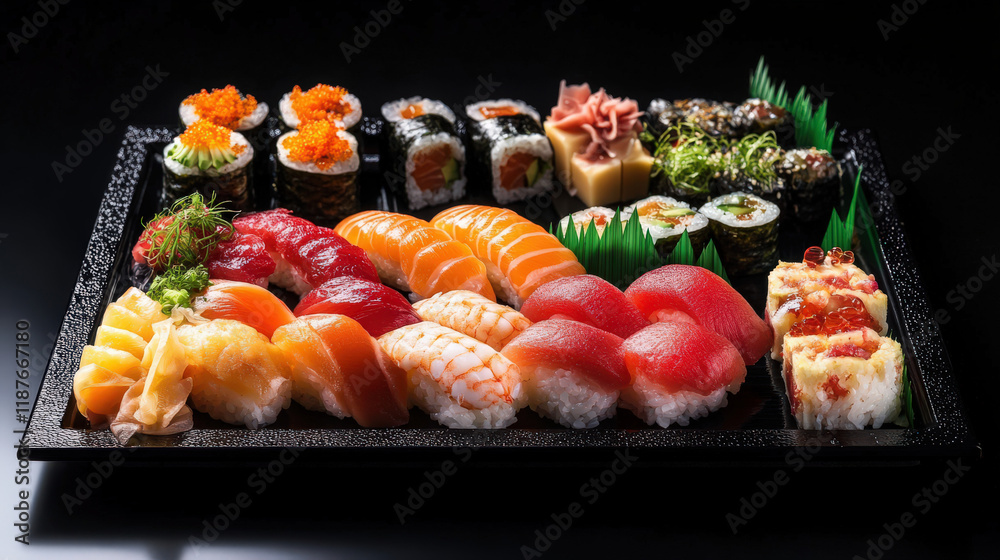 A Vibrant and Colorful Sushi Set with Fresh Fish, Premium Ingredients, and Traditional Accompaniments for the Ultimate Japanese Dining Experience A Vibrant and Colorful Sushi Set with Fresh Fish, Premium Ingredients, and Traditional Accompaniments for the Ultimate Japanese Dining Experience