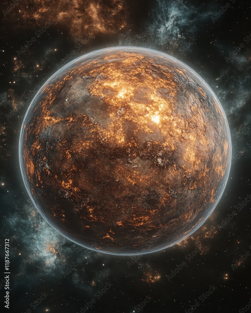 Obraz premium Fiery Inferno Planet in Distant Galaxy: A Cosmic Spectacle of Burning Worlds
