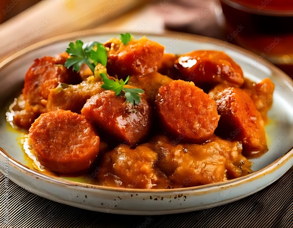 Currywurst is a popular German street food, sausage with curry ketchup Currywurst is a popular German street food, sausage with curry ketchup