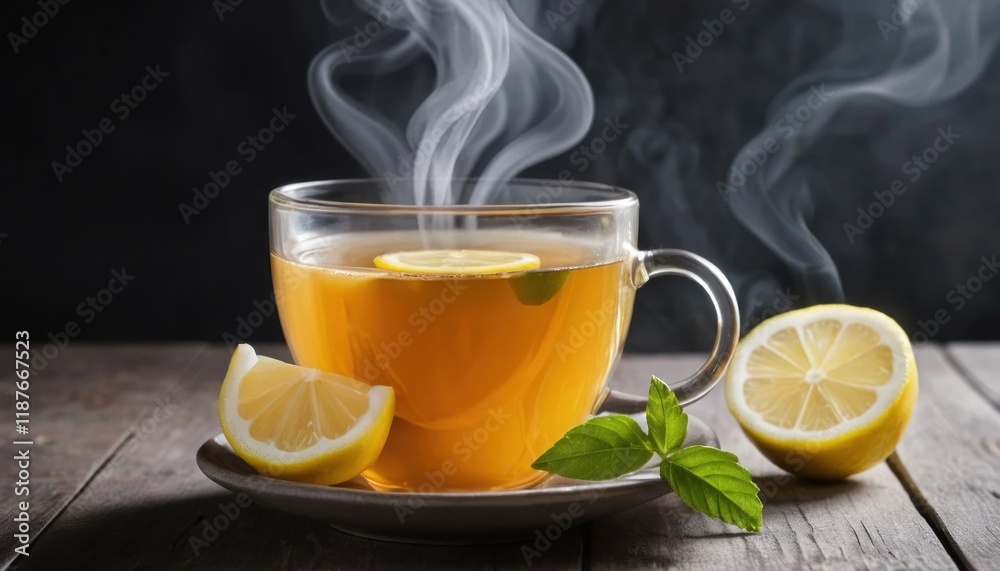 Steaming mug of herbal tea with a lemon slice and soft steam
Steaming mug of herbal tea with a lemon slice and soft steam