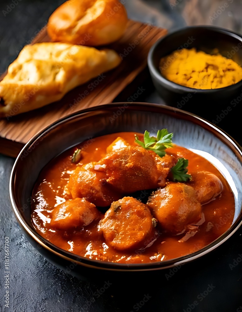 Currywurst is a popular German street food, sausage with curry ketchup Currywurst is a popular German street food, sausage with curry ketchup
