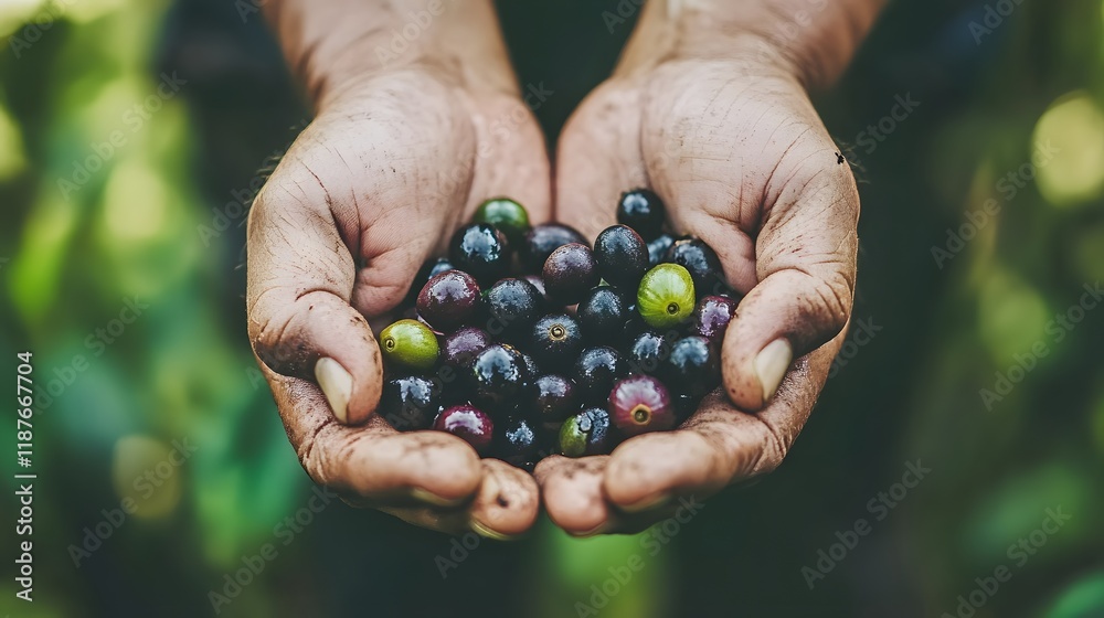 Hands Holding Freshly Harvested Coffee Berries Hands Holding Freshly Harvested Coffee Berries