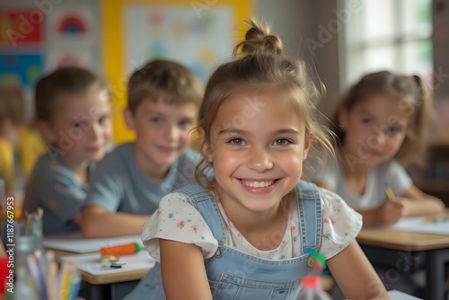 Kindergarten, kids and face with smile exited in class, knowledge and learning at academy. Students, friends and happy with diversity in school