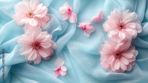 Wallpaper Mural Pink flowers on blue fabric, spring, soft background, feminine design Torontodigital.ca