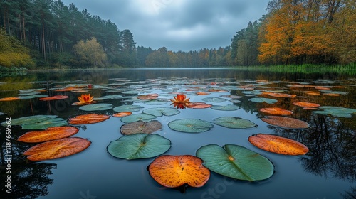Tranquil autumn lake with vibrant water lilies and forest reflections