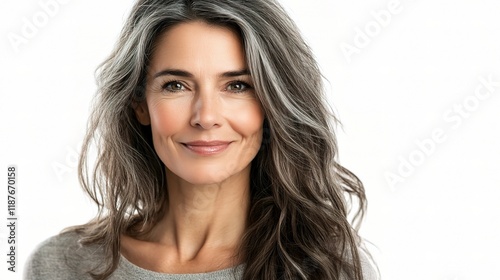 Radiant Beauty: A captivating portrait of a woman, gracefully embracing her natural silver-gray hair, radiating confidence and poise.