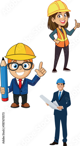 Architects and construction worker characters holding pencil and blueprint smiling and giving thumbs up