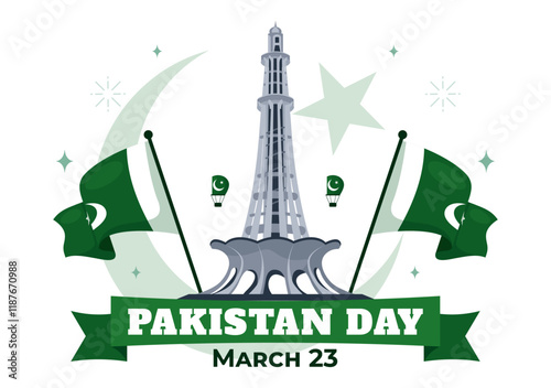 Happy Pakistan Resolution Day Vector Illustration on 23 March, Featuring a Waving Flag and Iconic Landmarks in a National Holiday Flat Background photo