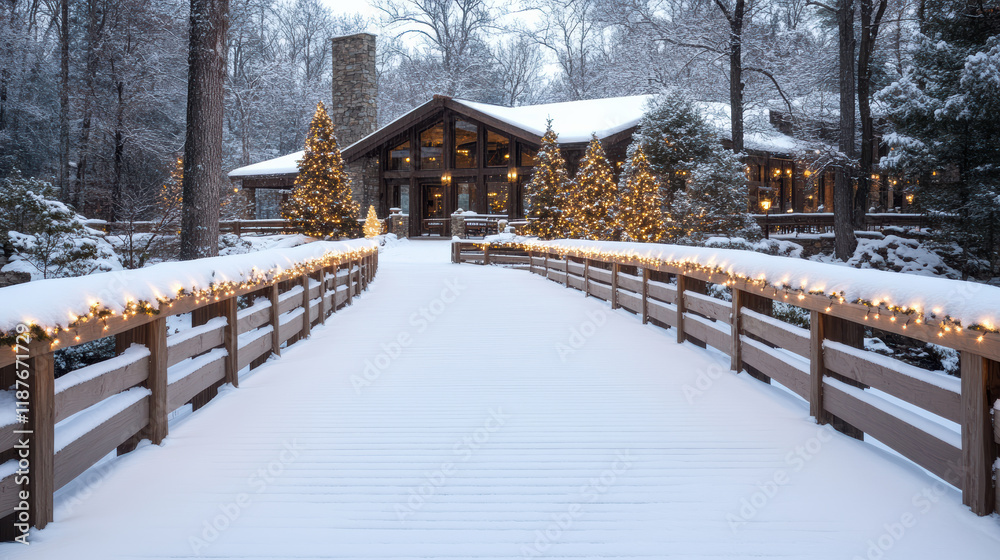 Fototapeta premium festive holiday scene featuring snow covered bridge leading to cozy cabin, adorned with lights