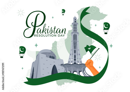 Happy Pakistan Resolution Day Vector Illustration on 23 March, Featuring a Waving Flag and Iconic Landmarks in a National Holiday Flat Background