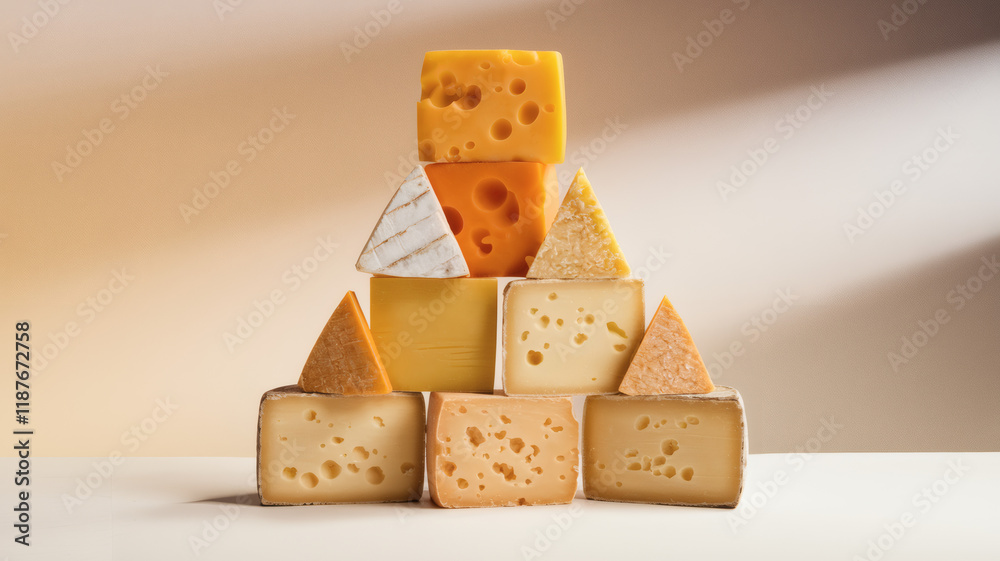 Pyramid of Artisan Cheeses in Warm Light