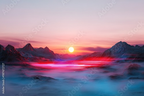 Vibrant sunset over misty mountain landscape with neon light reflections photo