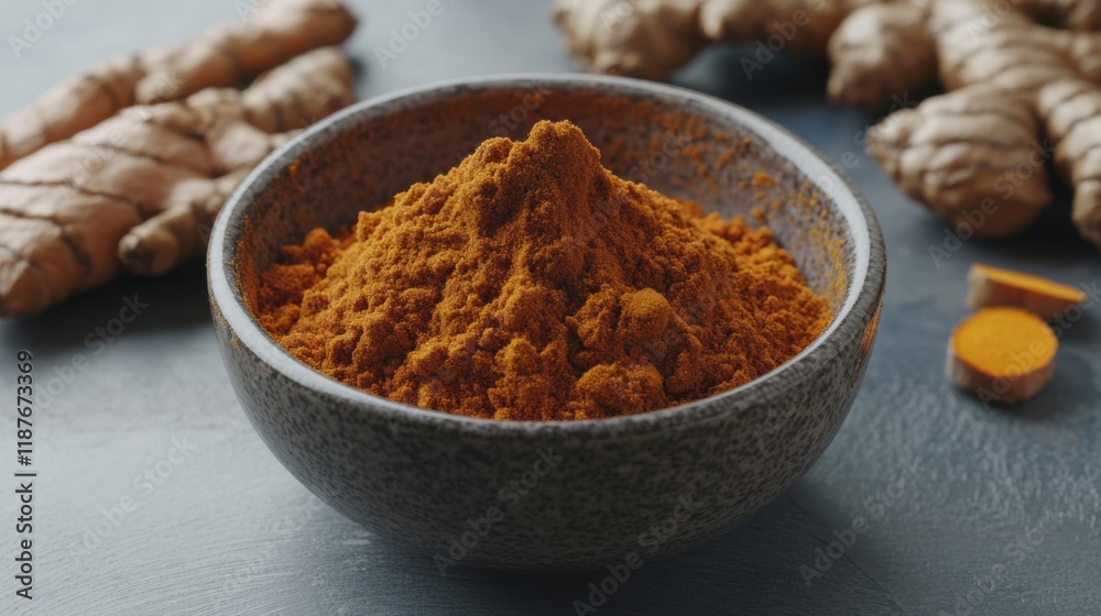 Vibrant Turmeric Powder in a Bowl with Fresh Roots Nearby, Bathed in Warm Ambient Light, Perfect for Kitchen or Culinary Decor Vibrant Turmeric Powder in a Bowl with Fresh Roots Nearby, Bathed in Warm Ambient Light, Perfect for Kitchen or Culinary Decor