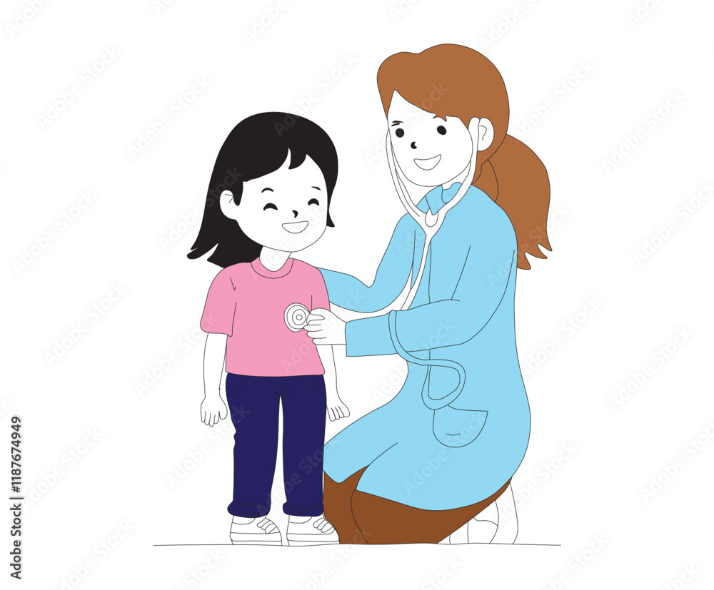 doctor and patient in hospital. Doctor Examining Child Patient Outline Coloring Page for Kids. Doctor examining a child patient with a stethoscope. doctor and patient in hospital. Doctor Examining Child Patient Outline Coloring Page for Kids. Doctor examining a child patient with a stethoscope.