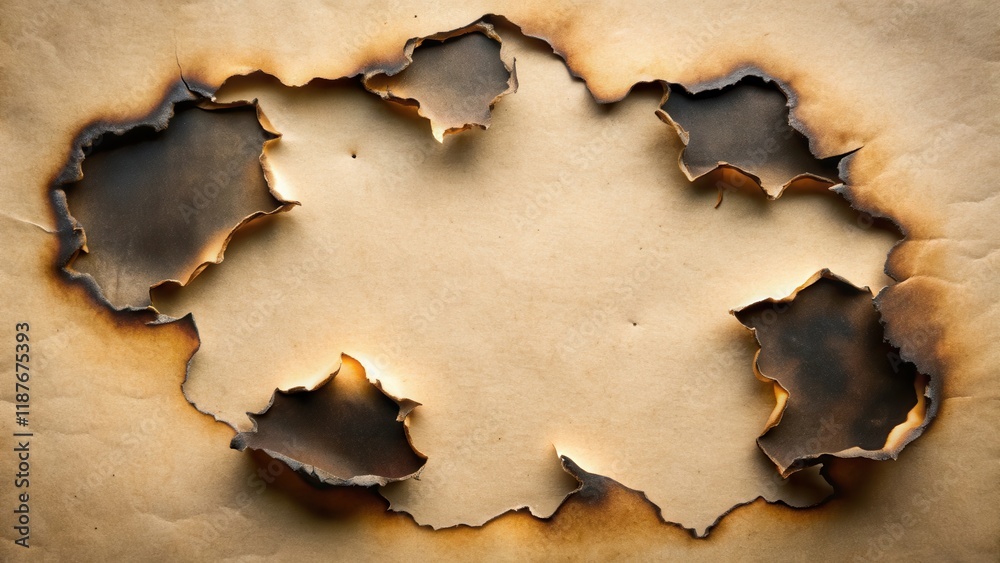 Obraz premium Burnt holes in paper with melted wax and charred edges, blackened, scorched, blackened, scorched