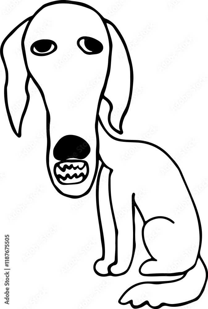 Fototapeta premium sitting sad mongrel dog opened toothy mouth and looks at camera